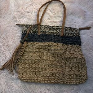 Chic Tan and Black Woven Hobo Bag